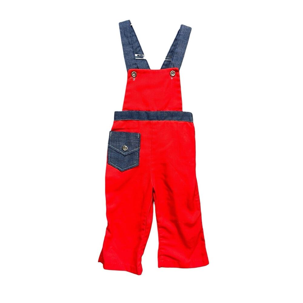 Vtg SEARS Kids Retro Overalls Sz 3T Red Denim Bib Adjustable Straps Country Play